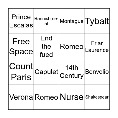 Romeo and Juliet Bingo Card