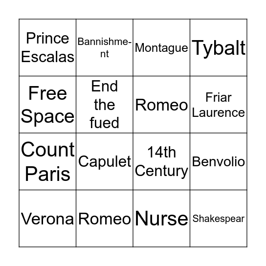 Romeo and Juliet Bingo Card