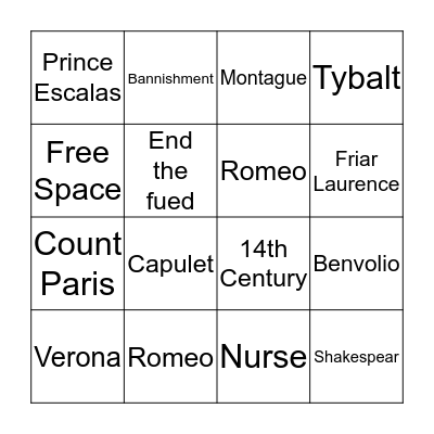 Romeo and Juliet Bingo Card