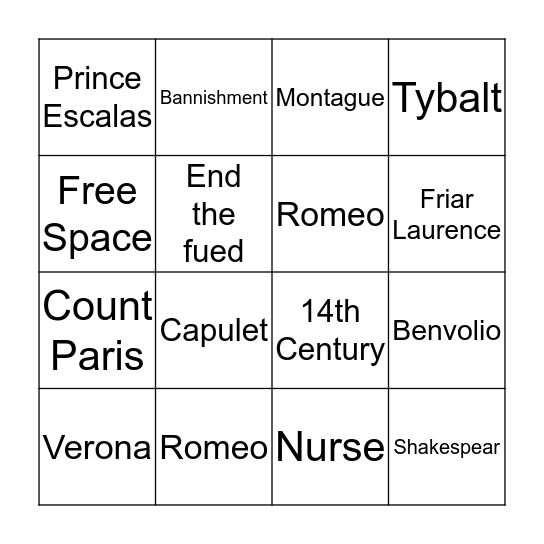 Romeo and Juliet Bingo Card