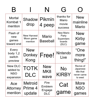 Nintendo Direct Bingo Card