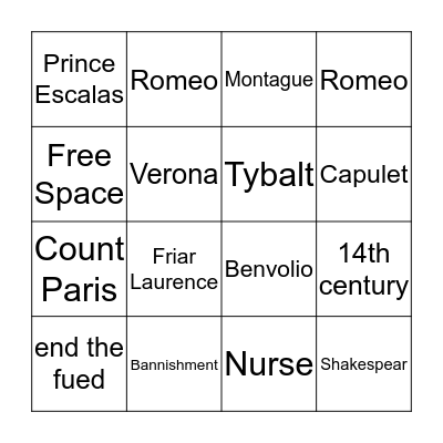 Romeo and Juliet Bingo Card