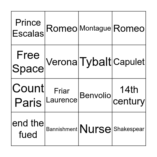 Romeo and Juliet Bingo Card