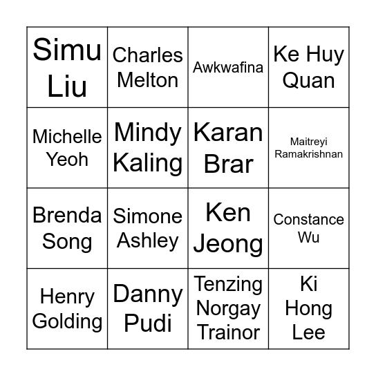 Asian Actors Bingo Card