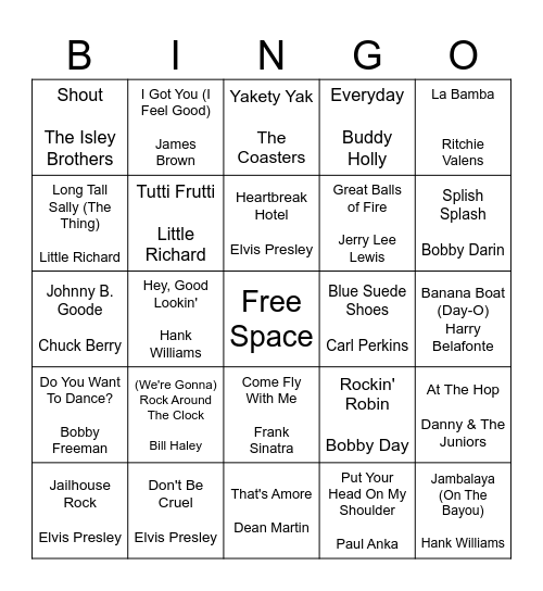 1950's Music  Bingo Card