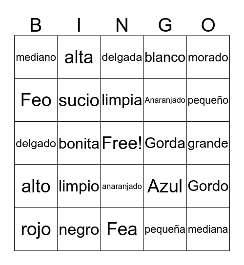 Adjetivos y Colores Bingo Card
