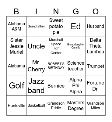 Robert's 85th Birthday Bingo Card