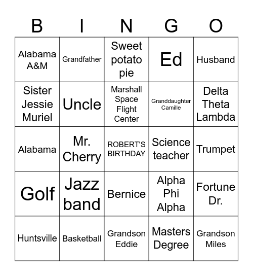 Robert's 85th Birthday Bingo Card