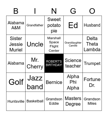 Robert's 85th Birthday Bingo Card