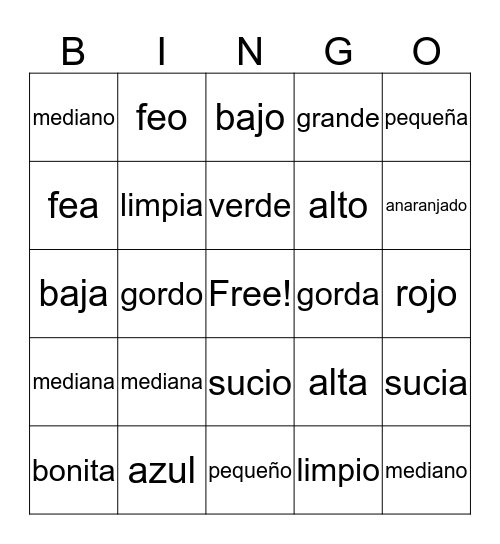 Adjetivos y Colores Bingo Card