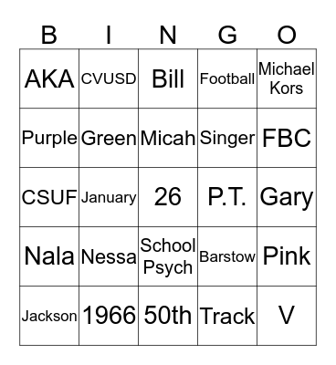 Vanessa's Birthday Bingo Card