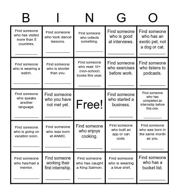 2023 Summer Interns Find Someone Who Bingo Card