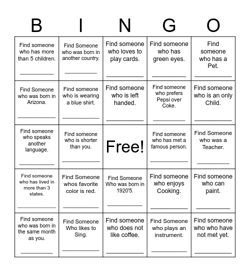 Find Someone Who Bingo Card