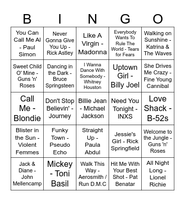 80s Bingo Card