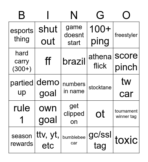 Rocket League Bingo Card