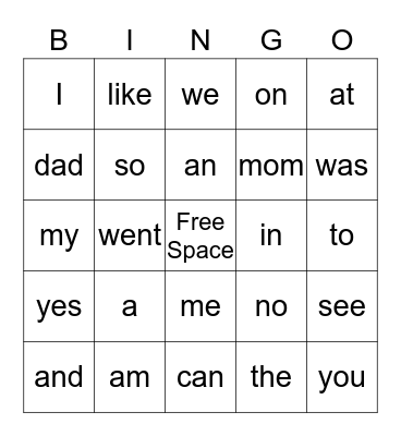 Sight Words 1 Bingo Card