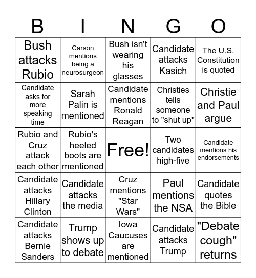 2016 Republican Debate Bingo Card