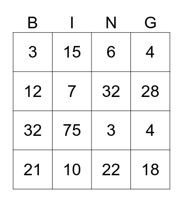 Maths Binho Bingo Card