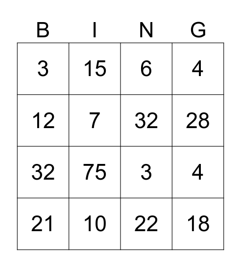 Maths Binho Bingo Card