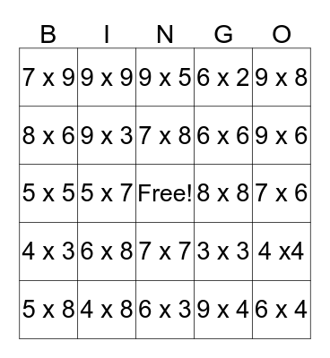 Multiplication Bingo Card