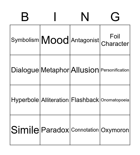 Figurative Language Bingo Card