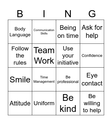 Work Experience Bingo Card