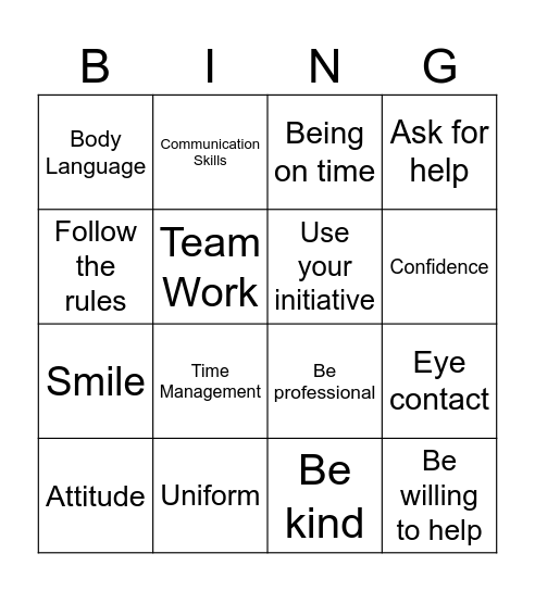 Work Experience Bingo Card