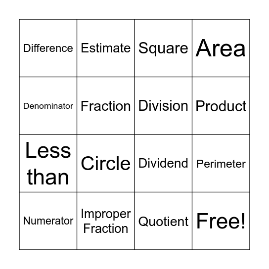 Mathematics Vocabulary Bingo Card