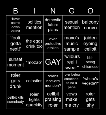 The Spidercell Wedding Bingo Card