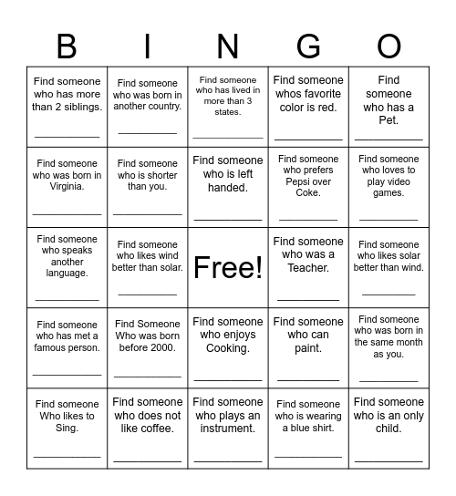 Find Someone Who Bingo Card