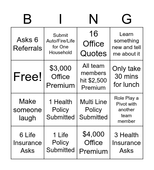 Bingo Sales Bingo Card