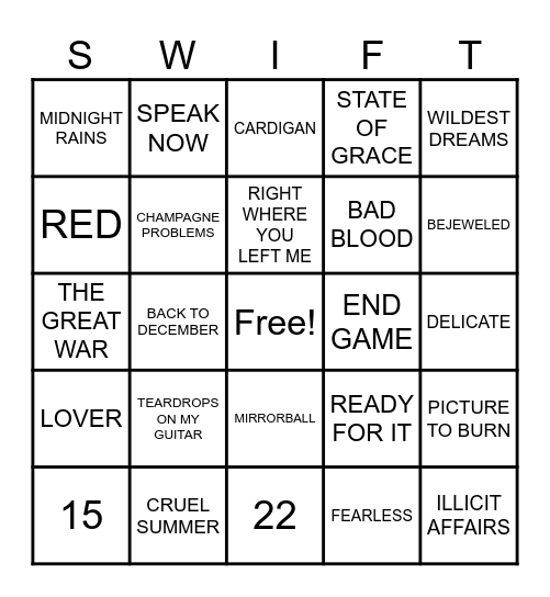 TAYLOR SWIFT SONGS Bingo Card