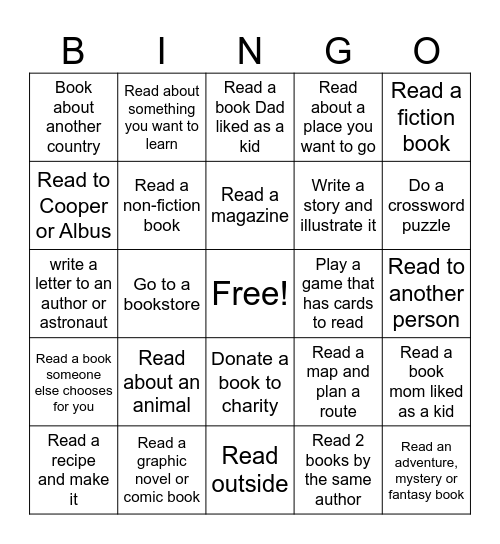 Super Readers Challenge Bingo Card