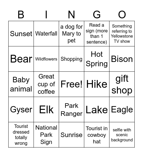 Yellowstone Bingo Card