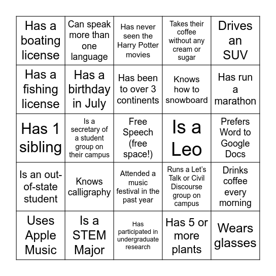FIRE Summer Conference BINGO Card