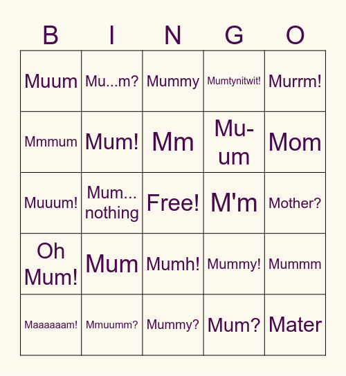 Mum's Bingo! Bingo Card