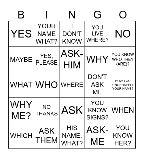 ASL 1 UNIT 1: ASKING QUESTIONS Bingo Card