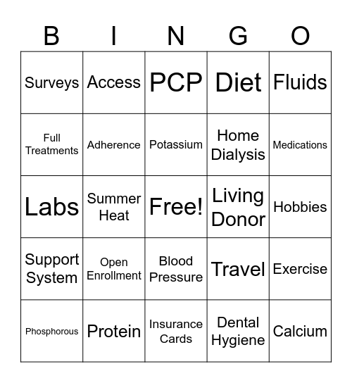 Dialysis Bingo Card