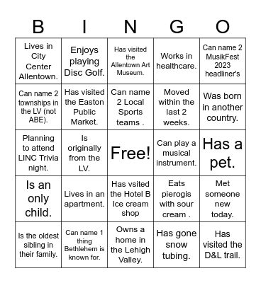 LINC Lehigh Valley Bingo! Bingo Card