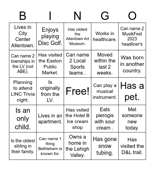 LINC Lehigh Valley Bingo! Bingo Card