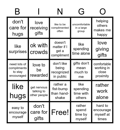 Languages of Appreciation Bingo Card