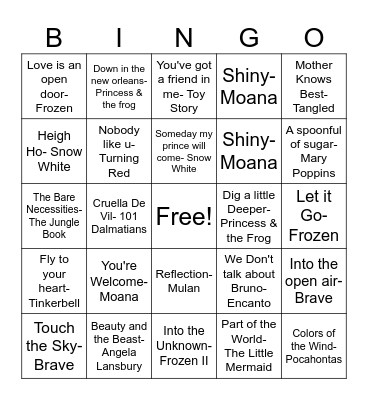 Disney XM Hits Bingo Card