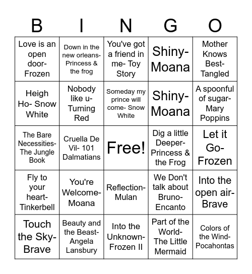 Disney XM Hits Bingo Card