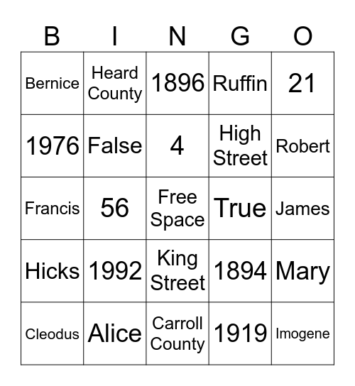 John & Narcissa Bryant Bingo Card