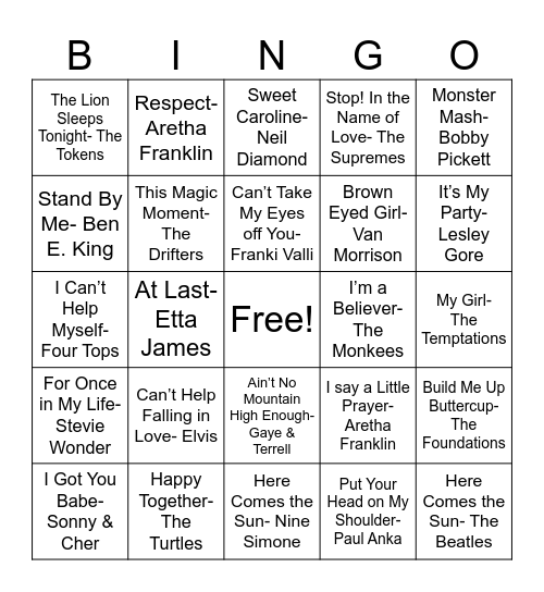 Songs of the 60s Bingo Card