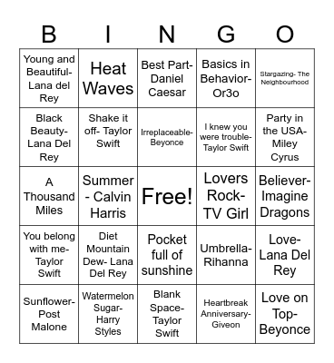 Music Bingo Card