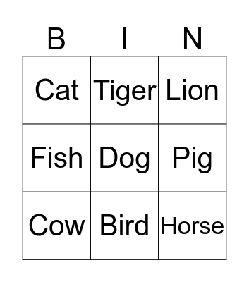 Animals Bingo Card