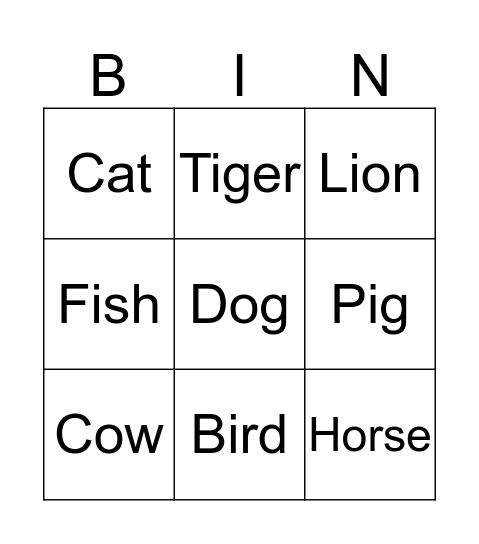 Animals Bingo Card