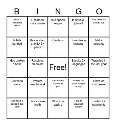 HSA Human Bingo Card Bingo Card
