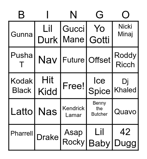 2022 Best Hip Hop Hits Bingo Card